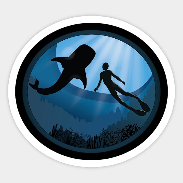 Diver with Whale Shark Underwater Sticker by TheInkElephant